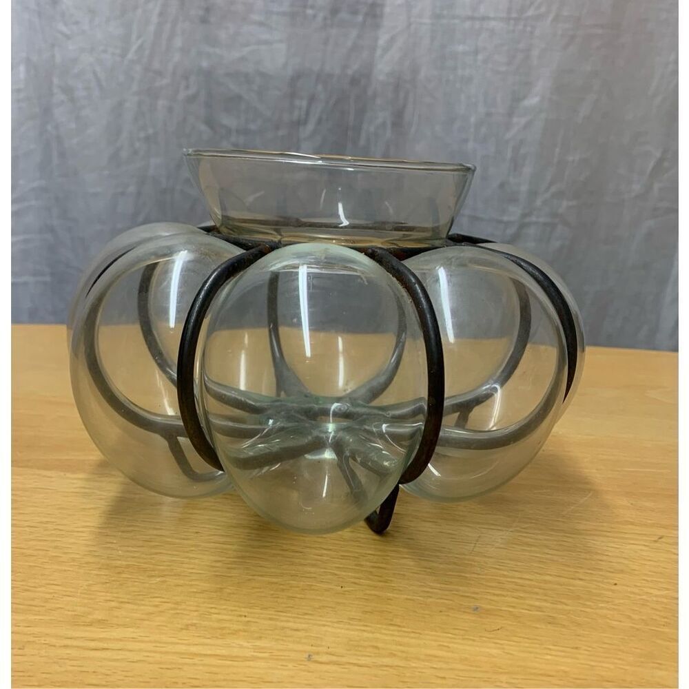 Vintage Brutalist Caged Wrought Iron Art Glass Hand Blown Clear Pumpkin Bowl